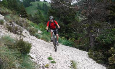 Terrain rocailleux sur le haut de la descente